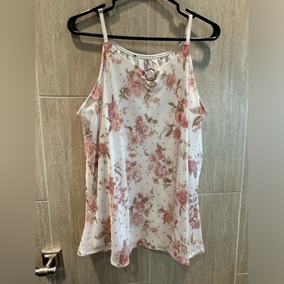 White with pink flowers flowy tank top - Picture 1 of 2